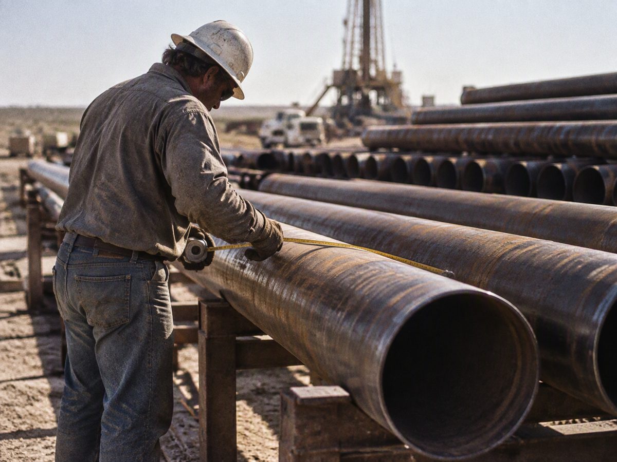 A worker measuring casing on a pipe rack with a steel tape