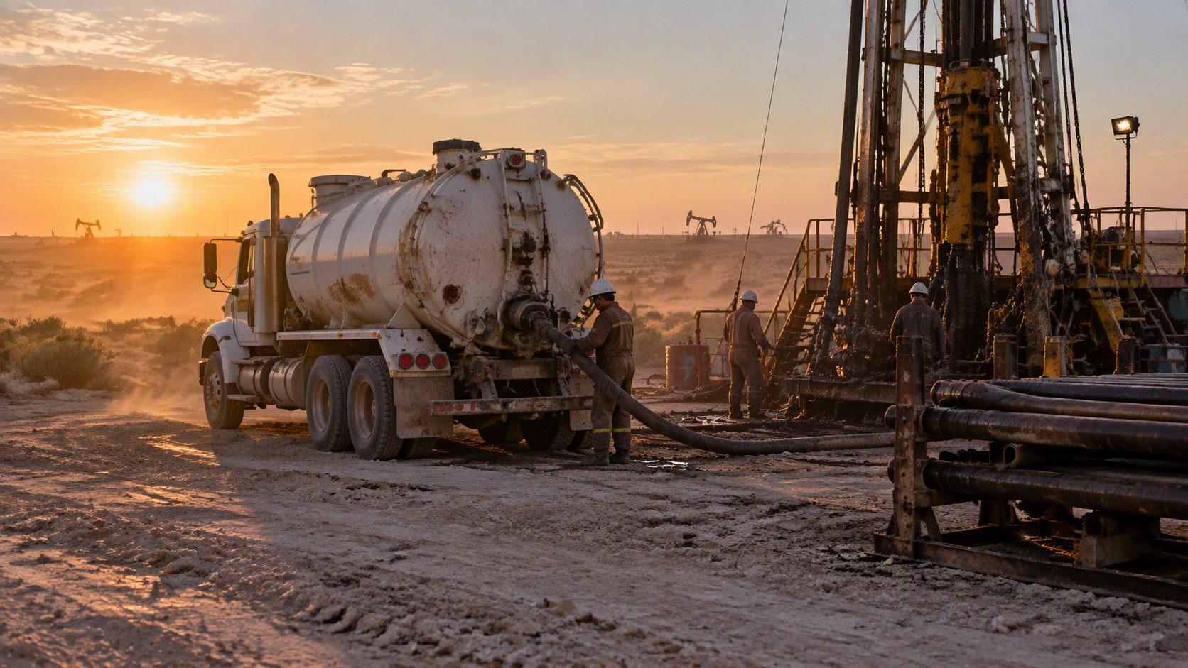 A vacuum truck beside a drilling rig on a West Texas pad at dawn