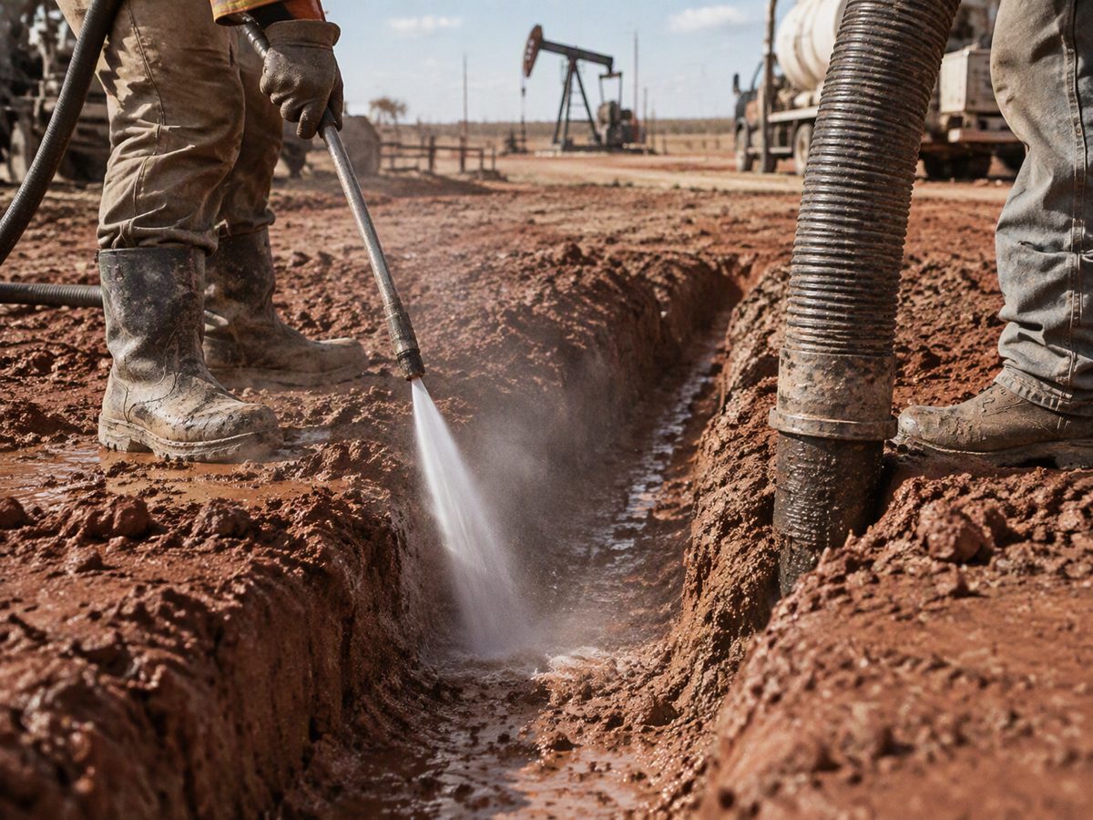 A high-pressure water wand cutting a trench next to a vacuum hose