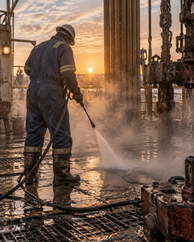 A crew member pressure washing a drilling rig floor at sunrise